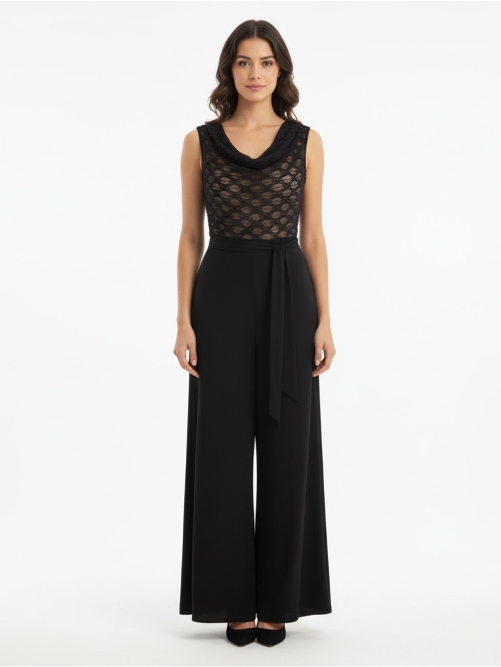 Elegant Black Sleeveless Evening Gown with Beaded Lace Bodice jumpsuit size 4p